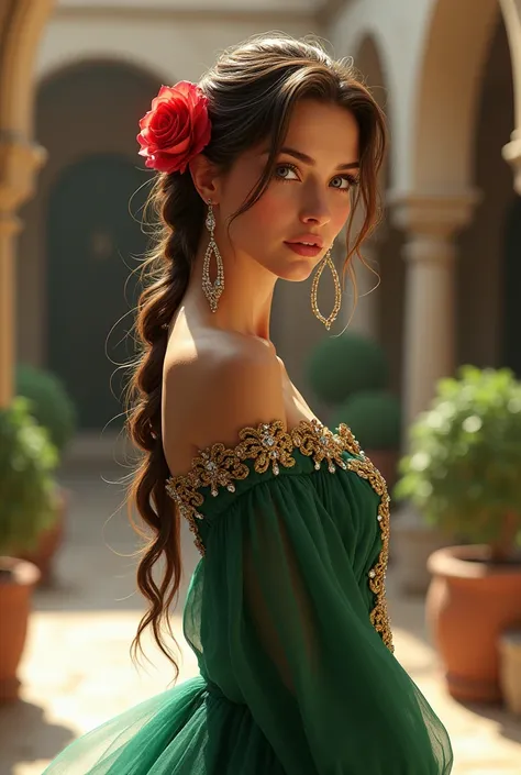 Woman Jennifer Connelly Young 20 years old model long hair Brow bun with red rose in hair n blue eyes dress Arabic Green ballet flamenco Seville white lace ruffles long golden earrings diamonds in patio andaluz 