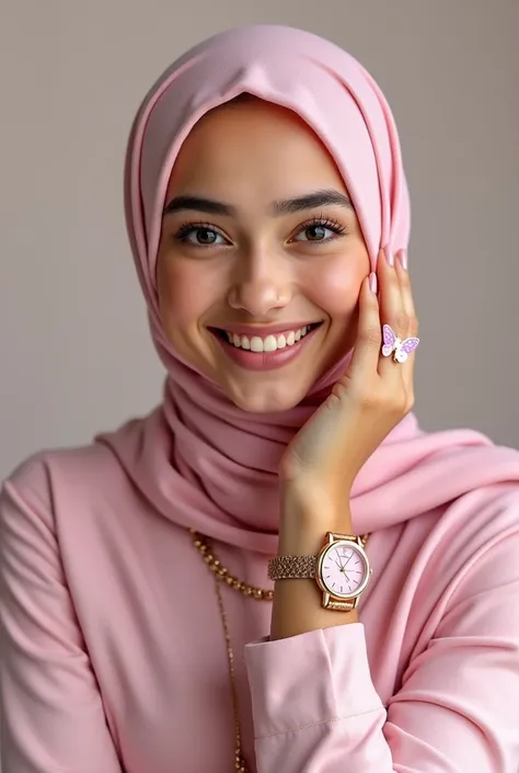 A teenage muslim  girl smiling wearing Classic pink watch with pink butterfly and time  inside and has soft leather strap 
Gold bracelet with pink butterfly in center 
Ring with pink butterfly 
necklace with pink butterfly 
And earrings with pink butterfly...