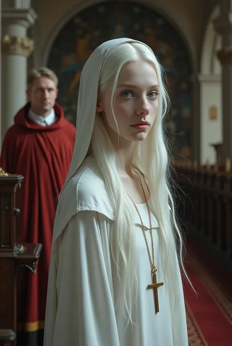 Albino girl with long white hair, from the realistic middle ages, blue eyes white nun clothes, with a cross necklace without looking at the camera, in the church church with a red bishop behind with sober atmosphere details.