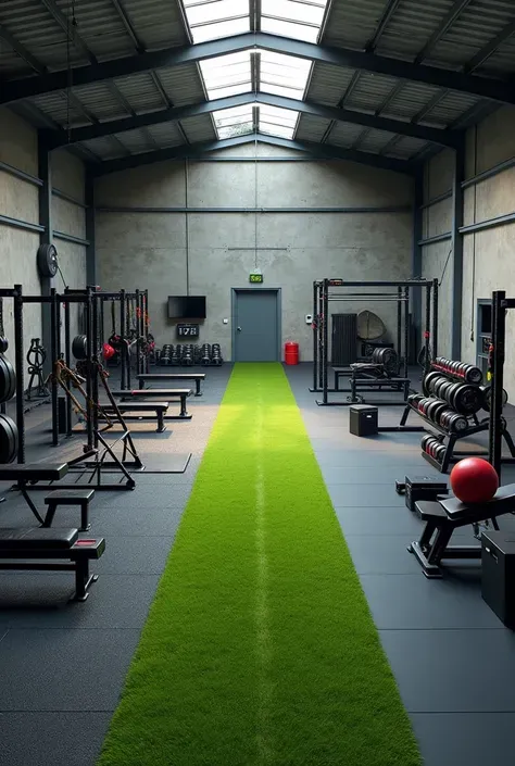Gym warehouse measuring 40 meters long and 10 meters wide, divided horizontally by grass and rubber and only has three machines , pulley,cage and bench.
Add 2 bars 15 discs 10 dumbbells 1 ball 2 boxes 1 power cage Cones and Trx Step stops
