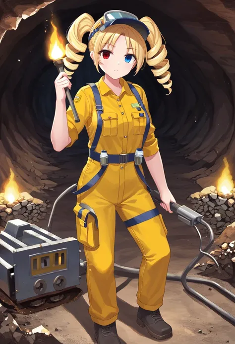 pny-safe solo, Beautiful woman　Beautiful Skin, torch , Blonde　Drill　Twin tails, Heterochromia iridis　Red left eye　Blue right eye,  Construction Worker Suit, Dust soil, Cave Mine, darkness, excavator