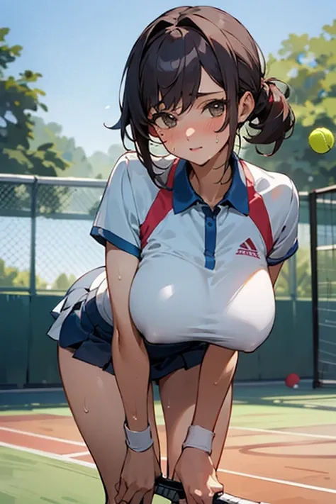 ((Best Quality)), ((masterpiece)), (detailed), 1 girl, playing tennis, with tennis uniform, sweating, big breasts, wide hips, on a tennis court,((Whole body)),((looking at the viewer))