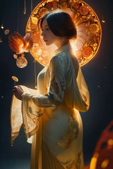 High resolution,Highest quality,Detailed composition,A fantastic sight, nice,  Surrounded by jellyfish、The Phoenix is full of flames, I saw your profile from afar, Ultra-wide-angle lens,Art by Alphonse Mucha, Volumetric lighting, Octane Rendering, 4K resol...