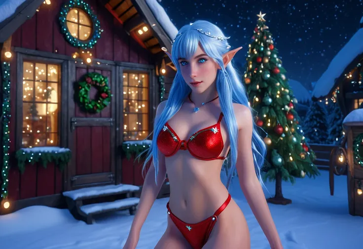 a beautiful blue-skinned elf girl with delicate sapphire hair, ice blue eyes in a red and green bikini, playing in the snow outside Santas workshop on a starry night, lots of Christmas decorations, ultra-realistic, 8k, highly detailed, masterpiece, volumet...