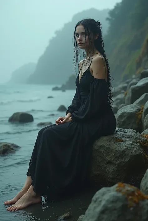 Beautiful gothic girl, beautiful face, Beautiful smile, wet medieval lace dress, tight to the body, wet hair, barefoot, sitting on a rock, Seaweed. exotic planet surroundings, mysterious, night fog, shores of a beach. thick fog, Silent Hill style 1:1 cinem...