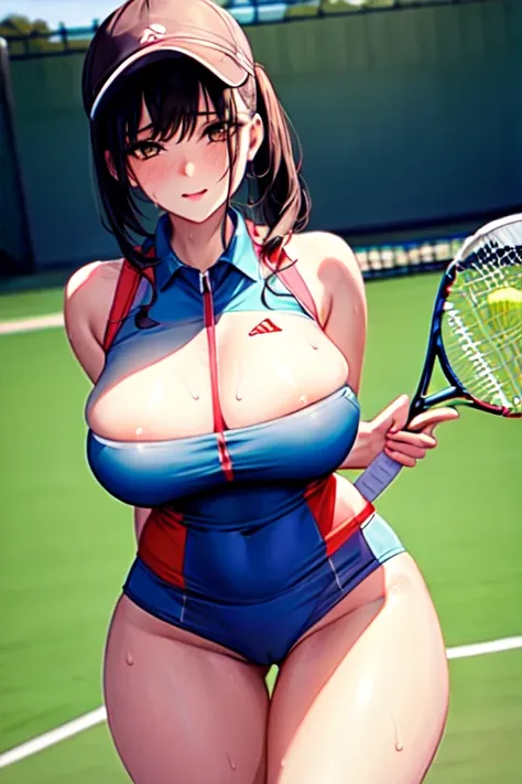 ((Best Quality)), ((masterpiece)), (detailed), 1 girl, ((playing tennis)), with tennis uniform, sweating, ((big breasts)), wide hips, on a tennis court,((Whole body)),((looking at the viewer))