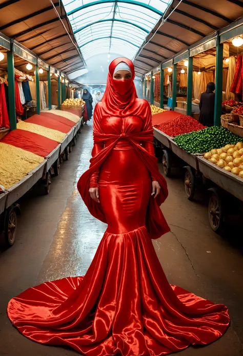 A woman shrouded in a 9-meter-long, plush red satin cloth, tightly bound and grandly draping along the form of her body, flowing off into a pooled floor-length train, styled in a mermaid-inspired outfit with ballon sleeve, her head modestly veiled in a sat...