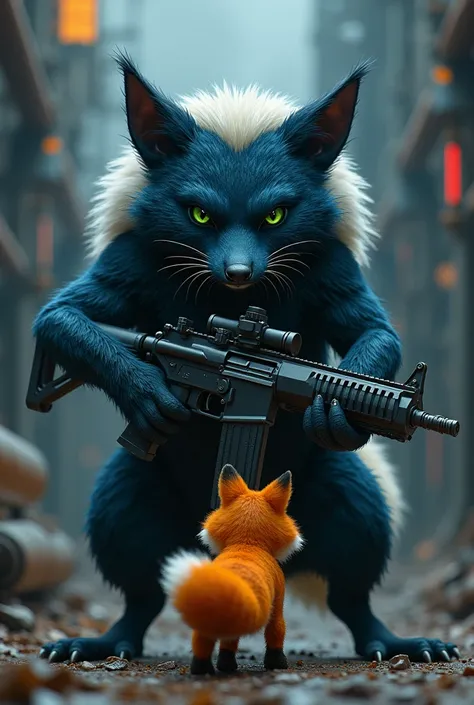 A dark blue skunk with green eyes and a machine gun next to an orange fox 