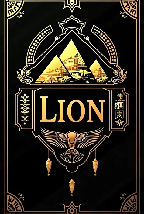 Create a cell phone wallpaper with an elegant design of Egyptian elements in gold and black colors, Include the name "lion". The design should include symbols such as pyramids, hieroglyphics, and other traditional Egyptian motifs. Name "lion" It should be ...