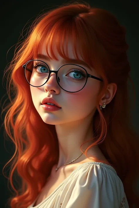 1 girl, wear glasses, star eye, blush, perfect lighting, Red hair, blue colored eyes, large hip, side lighting, whole body, face detailed, bangss, shining skin, simple background, darkness background