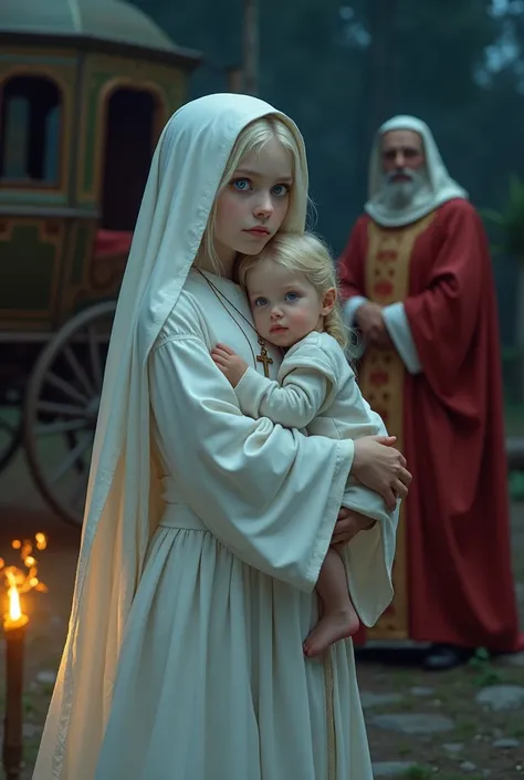 Young albino girl with long white hair, From the Middle Ages, realisitic, blue eyes white nun clothes, wearing a cross necklace, hugging a little blonde child, in front of a carriage in a Villa at night with torches, with a red bishop behind details.