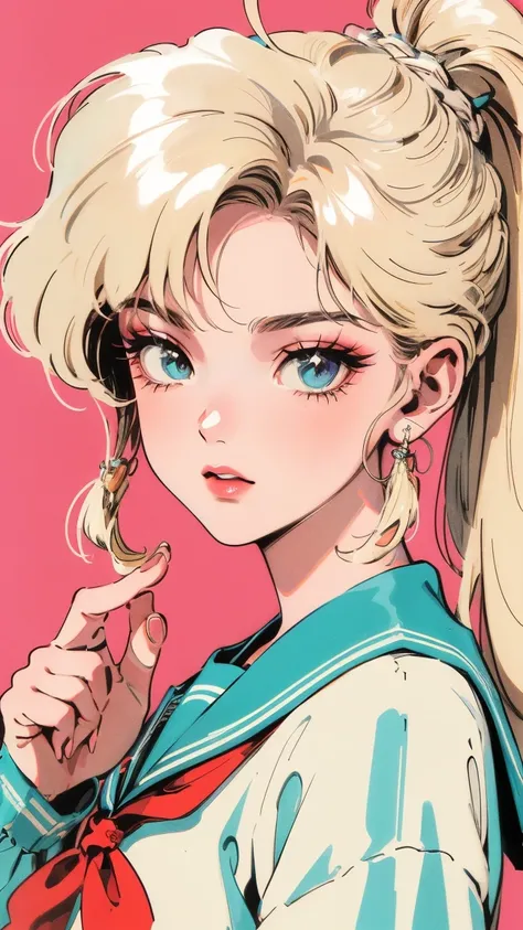 90s anime style,1990s style,1970s anime，Retro style poster,Chicano retro fashion,  Retro Style InspirationRetro,  woman, alone,Minimal makeup,Blonde,Mid-length hair|結びeyeトップ|The hair is clearly visible|Natural Curves|Ahoge|High Ponytail,Sailor suit,Sailor ...