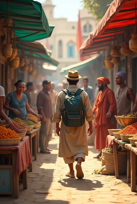 A picture of a traveler interacting with locals in a market, showing a respectful and curious approach.