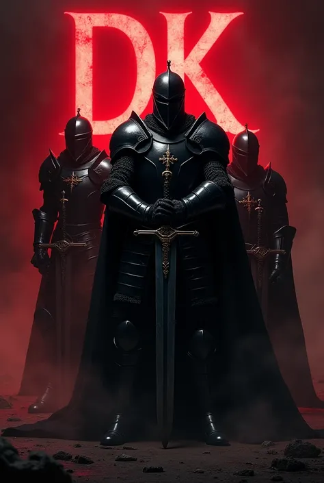 I wanted you to create an image with medieval swords and together with knights, written in the middle the acronym "dk", Underneath "dk" A written word "Dark Knights, and the colors used would be black and red