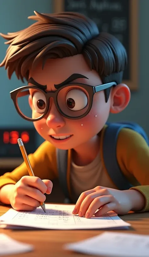 A close-up shot of Sam with brown hair and glasses sitting at a wooden desk at the classroom , staring anxiously at a math worksheet filled with equations. His brows are furrowed, and his hand grips a pencil tightly, pressing it against his forehead as if ...