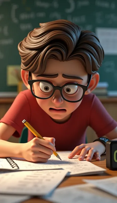 A close-up shot of Sam with brown hair and glasses sitting at a wooden desk at the classroom , staring anxiously at a math worksheet filled with equations. His brows are furrowed, and his hand grips a pencil tightly, pressing it against his forehead as if ...