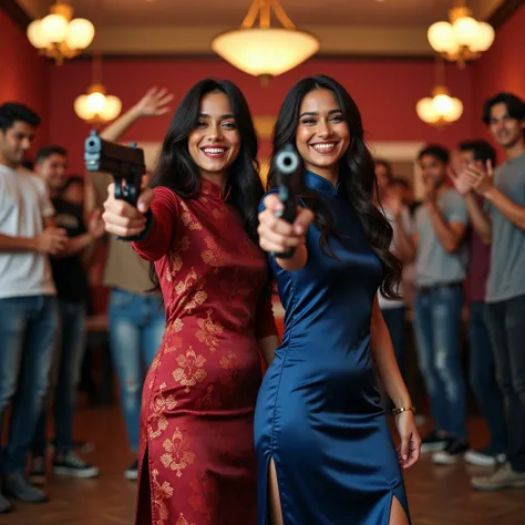 wide depth of field, wide depth of focus, f/11 lens setting, all objects in focus, full color image, 2 laughing Indian women , posing with pistol held strait up by face, looking at camera ,large fraternity house game room, full body image, (satin cheong sa...