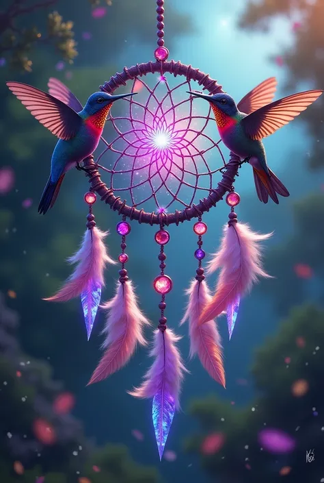 Dreamcatcher with crystals gems
Feathers 
Magenta
purple
blue
Male and female Red throated Hummingbirds 


