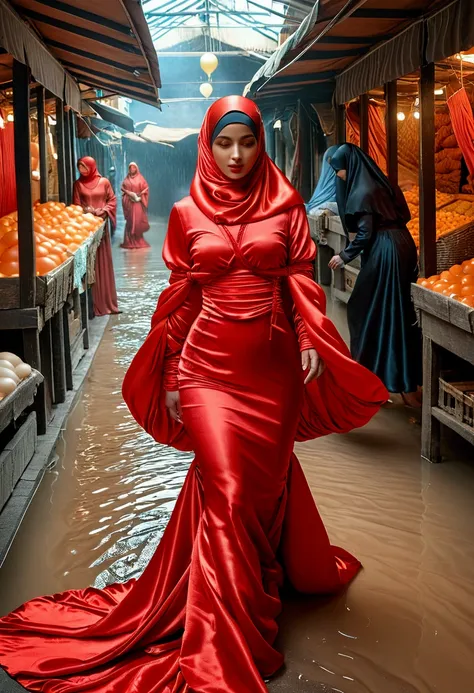 A woman shrouded in a 9-meter-long, plush red satin cloth, tightly bound and grandly draping along the form of her body, flowing off into a pooled floor-length train, styled in a mermaid-inspired outfit with ballon sleeve, her head modestly veiled in a sat...