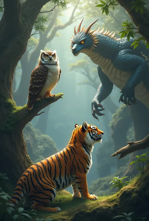 Owl 🦉 dragon 🐉 and tiger 