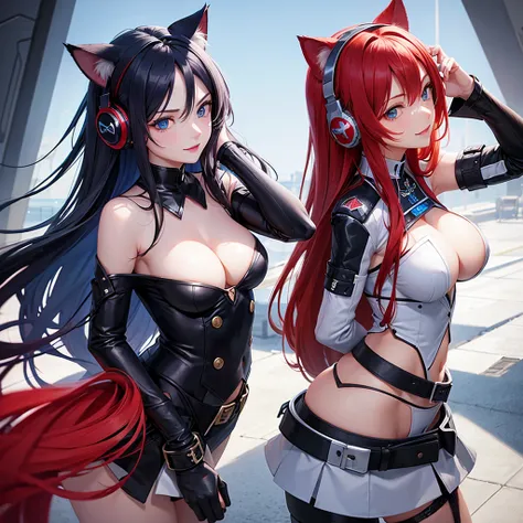 long hair, Blue eyes, a high resolution, Red hair, big breasts,Cat Ear Headphones, temptation, flirting, disobedience, Awkward smile, Shooting from the human eye&#39;s perspective, 3D isometry, First person perspective, Virtual Reality Helmet, Face paintin...