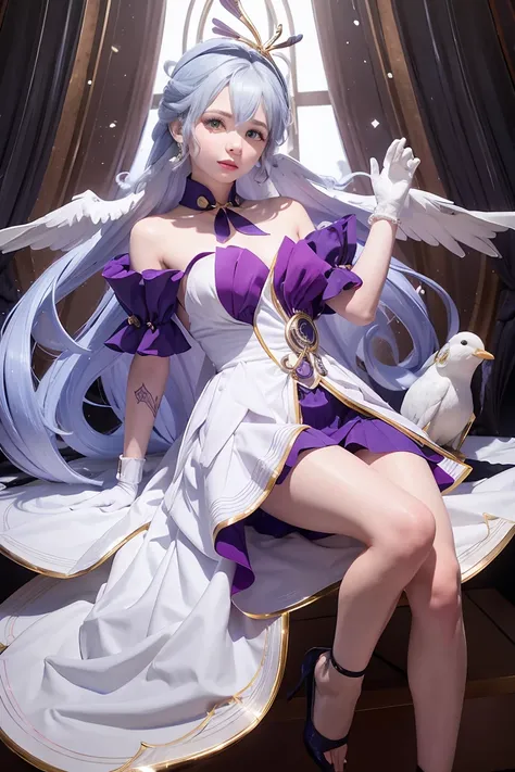 one girl, robin, hello, wings on the head, white gloves, pearl bracelet, high heels