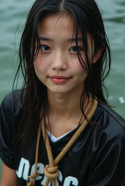 The girl wearing a black football shirt was soaked in water but she was tied to her chest but smiled sweetly with rope

