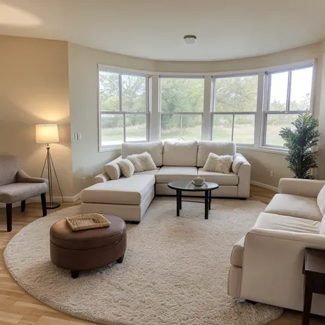 Humongous white fur couch with a reclined backrest. Pillows. Bright light coming from the camera, the ceiling window, the left wall window and the table lamps. Camera angle 360 degrees from  the couch