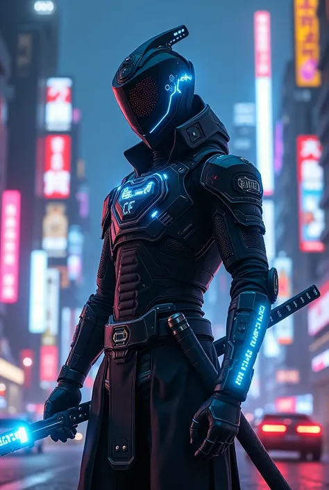 A futuristic cyber samurai standing in a neon-lit cityscape at night. The samurai is wearing a high-tech, sleek black armour with glowing blue circuit patterns and a visor helmet displaying digital data. In one hand, he holds a traditional katana with a gl...