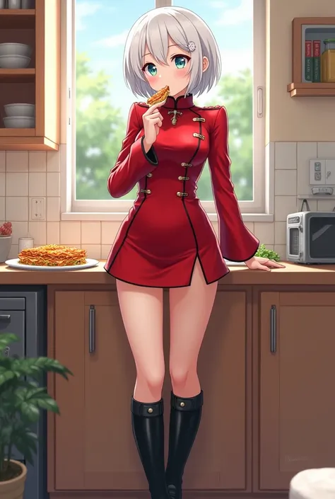 A girl with short white hair wearing a red Chinese combat suit on top and a not-so-long skirt, Black high boots and long sleeves on the arms Japanese manga style Height 169 Medium Bust Hips not so big long legs 2 Looks like a young adult Full body While ea...