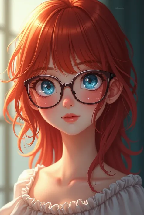 1 girl, wear glasses, star eye, blush, perfect lighting, Red hair, blue colored eyes, big-ass, whole body, body detailed, bangss, shining skin, simple background,