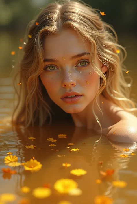 Beautiful girl with honey eyes and honey all over her face she has a beautiful lip and her hair is blond She is laying down on the water 