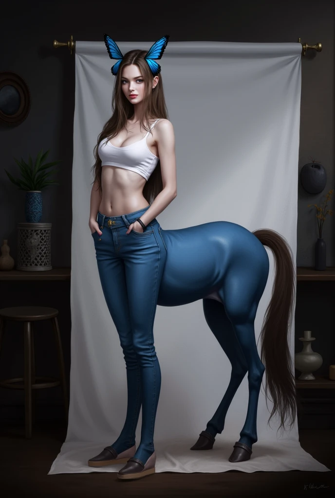 1Centaur Girl，Four-legged cowboy costume，Tall，Realistic style，Hands in pockets action，穿着Skinny jeans（(Skinny jeans: 1.6)）（Flesh-colored skin (Cynthia Sheppard),  Beautiful full body concept art, horse, smooth Fair and translucent skin, Pretty blue butterfl...