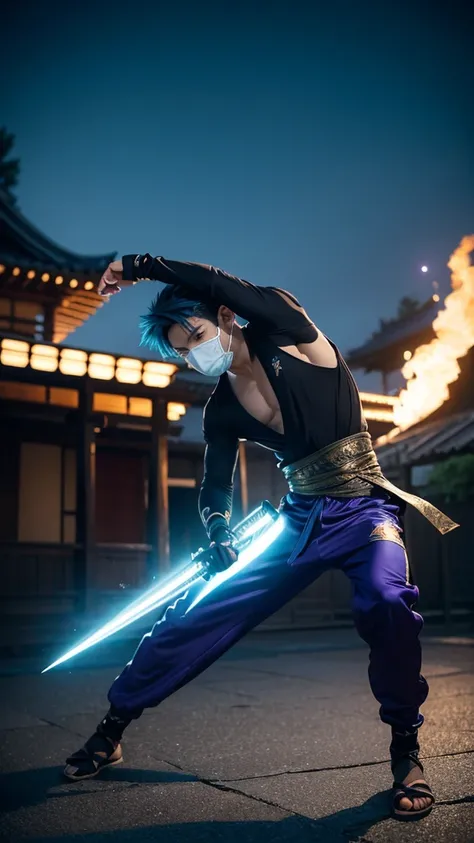 A highly detailed, ultra-realistic cinematic scene featuring a boy with sea blue hair in an anime style, wearing a sleek ninja warrior outfit made from premium carbon polymer. The outfit is meticulously designed, with white and purple accents seamlessly bl...