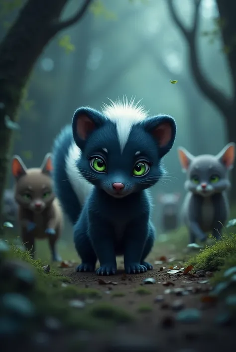 A dark blue baby skunk with green eyes, He tries to approach an animal but the animals flee because the smell of the dark blue skunk is very strong.