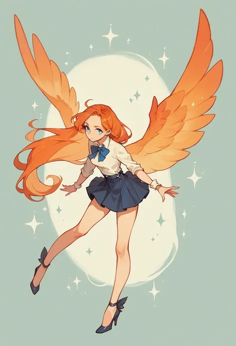  1girl, long hair, solo, blue eyes, wings, orange hair, skirt, high heels,