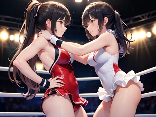 Two beautiful girls、fighting in a professional wrestling match、Female professional wrestler,Japanese、White one-piece ruffled wrestling costume,Pro wrestlingブーツ,Wristband,Pro wrestling,Black straight hair,Looking into each other&#39;s eyes、Painful expressio...