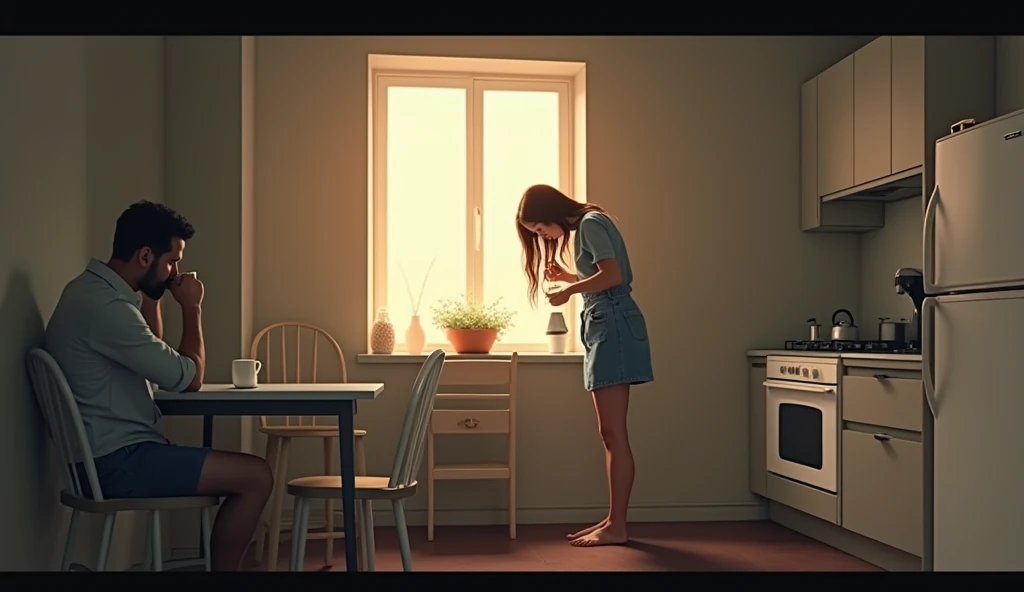 A poignant cinematic illustration captures the essence of a long-haired brunette woman, dressed in a denim skirt, as she meticulously prepares coffee in a dark, sparsely furnished kitchen. The room is decorated minimally, with a white Formica table, four F...