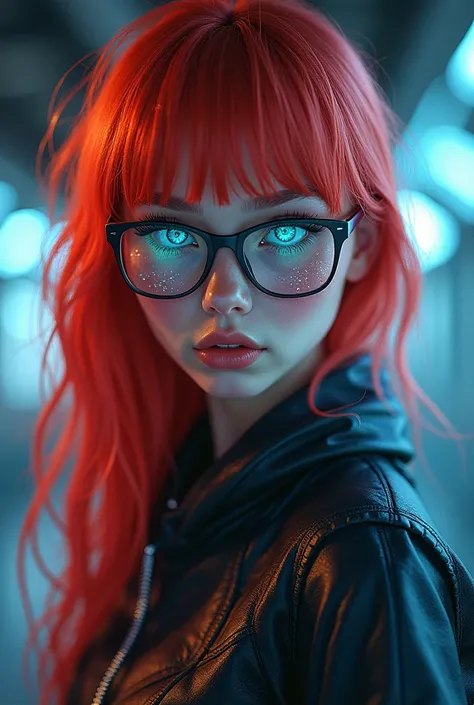 1 girl, wear glasses, star eye, blush, perfect lighting, Red hair, blue colored eyes, big-ass, whole body, body detailed, cyber, shining skin, simple background,