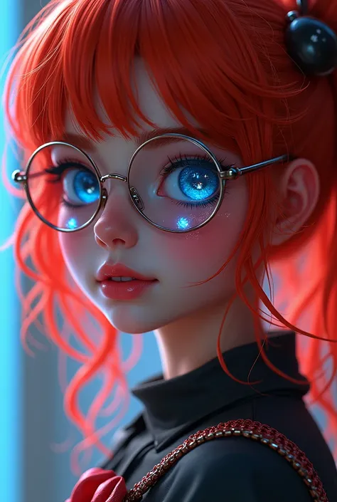 1 girl, wear glasses, star eye, blush, perfect lighting, Red hair, blue colored eyes, big-ass, whole body, body detailed, cyber, shining skin, simple background,