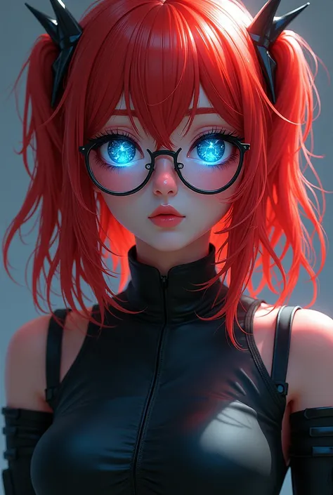 1 girl, wear glasses, star eye, blush, perfect lighting, Red hair, blue colored eyes, big-ass, whole body, body detailed, cyber, Panas, simple background,