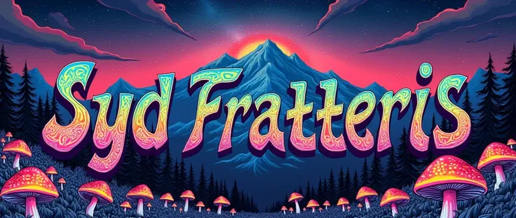 A poster for a psychedelic rock metal band called Syd Fratteris but I want it to have the name of the band with psychedelic letters. It has to have hallucinogenic mushrooms and mountains in the distance. 