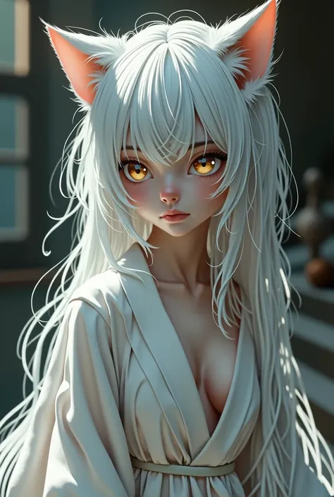 Young white-haired girl with cat ears and amber eyes posing from above with her robe half open on her small breasts 