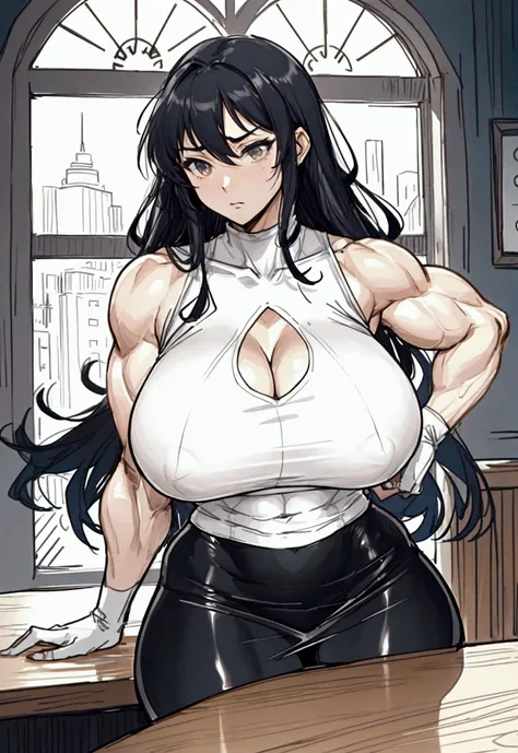 Create a detailed dynamic manga style illustration of a very huge, tall, muscular woman in a bar. She has curly brown hair and large black eyes. She touching her own body and she seems very exciting by her large muscles . She wears a tight sleeveless t-shi...