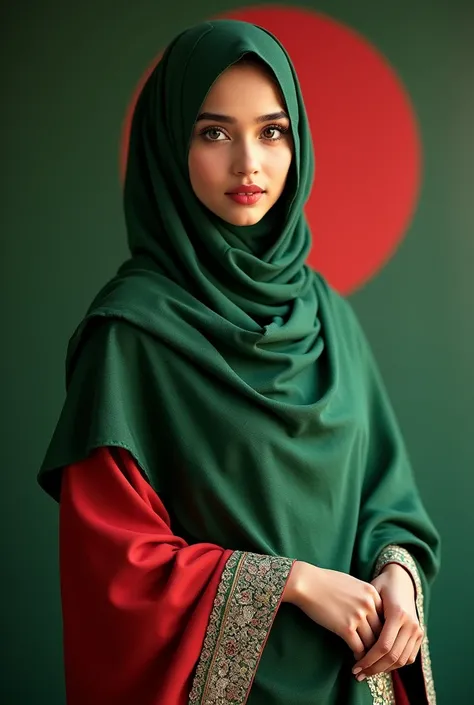 Beautiful girl she have white skin wareing saree and also waering hijab her eyes is beautiful her saree is green and red With full body Bangladeshi falg