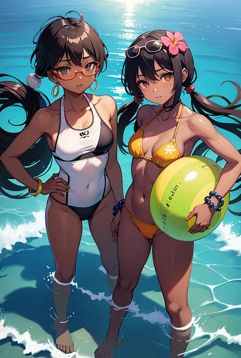 mic_Kizi,_change_, 1Kizi, standing alone, brazilianmiku, dark skinned female, tannins, twintails, hair flower, water eyes, oculos de sol, glasses on head, swimsuit wear, sexly swimsuit wear, beads, hoop earings, bracelet, cute, sexly, dynamic angle
