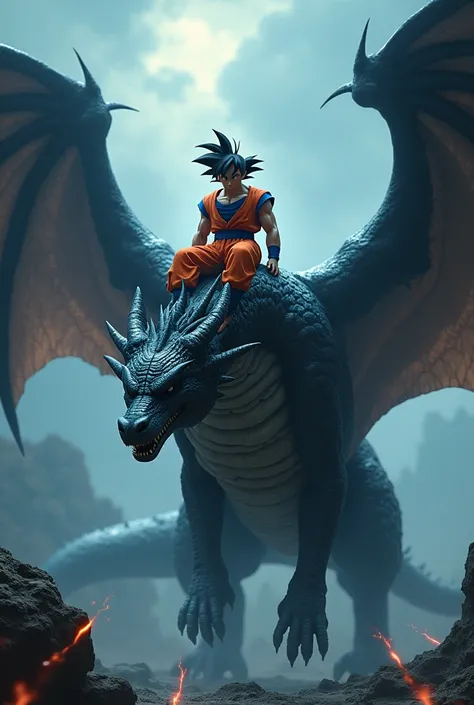 A dragon and goku on his head with dark wings  