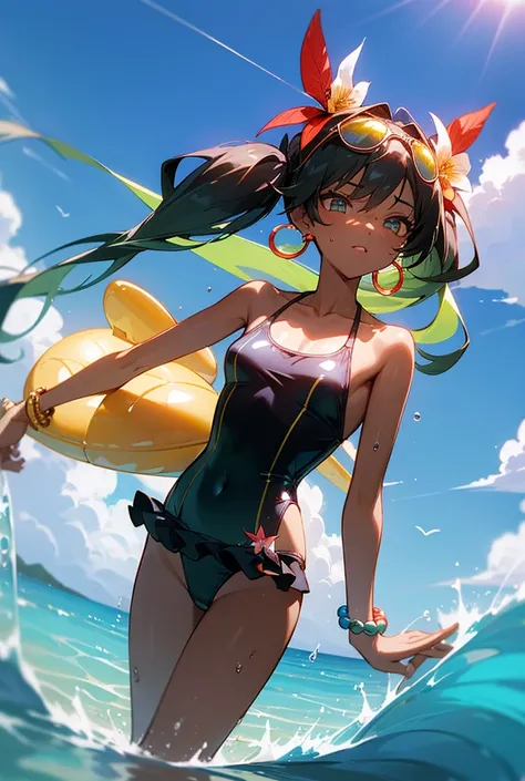 mic_Kizi,_change_, 1Kizi, standing alone, brazilianmiku, dark skinned female, tannins, twintails, hair flower, water eyes, oculos de sol, glasses on head, swimsuit wear, sexly swimsuit wear, beads, hoop earings, bracelet, cute, sexly, dynamic angle
