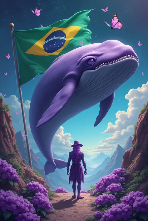 Brazil flag, purple whale, Wally 52, universe, lilac butterflies