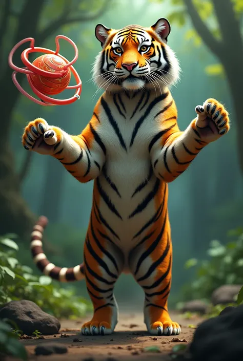 A tiger stand and yoyo sing